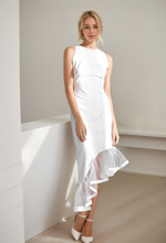 Load image into Gallery viewer, Modern Scoop Neck asymmetrical skirt hem Satin wedding dress little white dress