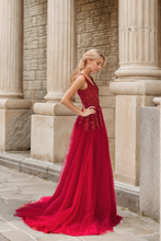 Load image into Gallery viewer, Mysteria - Ruby red deep V-neck lace soft tulle prom dress colored wedding dress