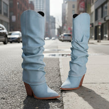 Load image into Gallery viewer, Vintage Pointed-Toe Chunky Heel High Tube Boots — Statement Heels