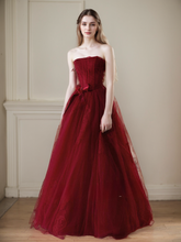 Load image into Gallery viewer, Elegant Strapless Burgundy Tulle Ball Gown with Corset Back and Ribbon Tie