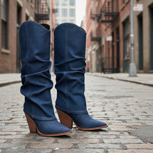 Load image into Gallery viewer, Vintage Pointed-Toe Chunky Heel High Tube Boots — Statement Heels