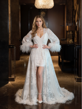 Load image into Gallery viewer, Luxury White Feather Trim Lace Long Robe Dress Set | Bridal Getting Ready & Photoshoot Gown