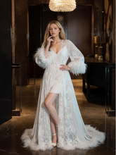 Load image into Gallery viewer, Luxury White Feather Trim Lace Long Robe Dress Set | Bridal Getting Ready & Photoshoot Gown