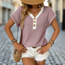 Load image into Gallery viewer, 🌸 Women's Summer V-Neck Short Sleeve Knitted Patchwork Button Pullover Top