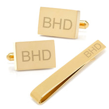 Load image into Gallery viewer, Engravable Rectangle Gold Cufflinks and Tie Bar Gift Set