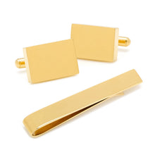 Load image into Gallery viewer, Engravable Rectangle Gold Cufflinks and Tie Bar Gift Set