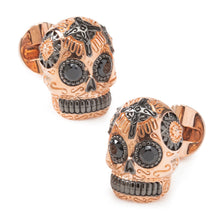 Load image into Gallery viewer, Rose Gold and Black PVD Day of Dead Skull Cufflinks