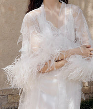 Load image into Gallery viewer, Ostrich Feather Sequin 3D Floral Lace Long Robe with Sequin Nightgown Set