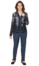 Load image into Gallery viewer, Women's Mesh Denim Look Printed Zip Front Jacket With Rhinestones