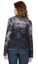 Load image into Gallery viewer, Women's Mesh Denim Look Printed Zip Front Jacket With Rhinestones