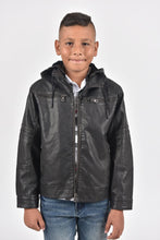 Load image into Gallery viewer, Kid's Black Hooded Washed Biker Jacket with Fur Lining