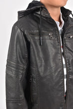 Load image into Gallery viewer, Kid's Black Hooded Washed Biker Jacket with Fur Lining