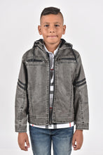 Load image into Gallery viewer, Kid's Gray Hooded Washed Biker Jacket with Fur Lining