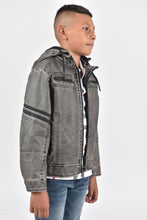 Load image into Gallery viewer, Kid's Gray Hooded Washed Biker Jacket with Fur Lining