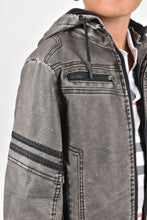 Load image into Gallery viewer, Kid's Gray Hooded Washed Biker Jacket with Fur Lining