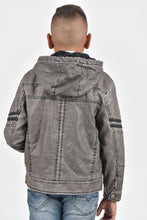 Load image into Gallery viewer, Kid's Gray Hooded Washed Biker Jacket with Fur Lining