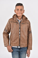 Load image into Gallery viewer, Kid's Camel Hooded Washed Biker Jacket with Fur Lining