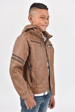Load image into Gallery viewer, Kid's Camel Hooded Washed Biker Jacket with Fur Lining