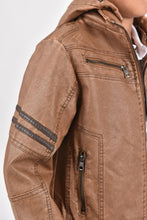 Load image into Gallery viewer, Kid's Camel Hooded Washed Biker Jacket with Fur Lining