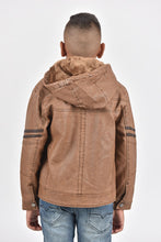Load image into Gallery viewer, Kid's Camel Hooded Washed Biker Jacket with Fur Lining