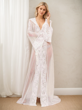 Load image into Gallery viewer, Romantic Sheer Lace Bridal Robe with cap and Bell Sleeves