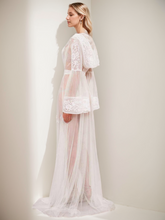 Load image into Gallery viewer, Romantic Sheer Lace Bridal Robe with cap and Bell Sleeves