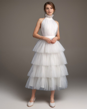 Load image into Gallery viewer, Ruffle Layered tulle Hem Haltered A-line tutu French style long prom dress