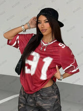 Load image into Gallery viewer, Summer New Black Speed 91 Print T-Shirt For Women V-Neck Patchwork Short Sleeve Sports Football Jersey Y2K Loose Oversized Tops