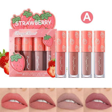 Load image into Gallery viewer, Mini Velvet Matte Lip Gloss Set 4 Piece Long Lasting Non Fading Non Stick Cup Fruit Scented Lip Tint Smooth Lightweight