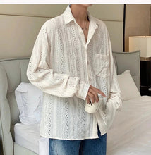 Load image into Gallery viewer, Shirts for men Apricot Handsome Lapel Men Blouse Vacation Hollow Out Sexy Fashion Men Clothing Male Mesh Long-sleeved Shirts