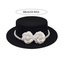 Load image into Gallery viewer, Women Wool Boater Hat Pearl Flower Decor Classic Flat Top Fedora Hat Wide Brim Church Derby Cap,French British Style