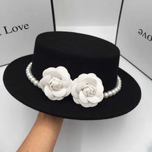 Load image into Gallery viewer, Women Wool Boater Hat Pearl Flower Decor Classic Flat Top Fedora Hat Wide Brim Church Derby Cap,French British Style