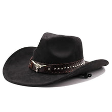 Load image into Gallery viewer, Western cowboy hat with bullhead rivets, curved brim, windproof rope, and felt for outdoor riding and jazz hats
