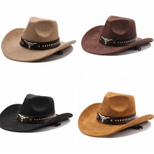 Load image into Gallery viewer, Western cowboy hat with bullhead rivets, curved brim, windproof rope, and felt for outdoor riding and jazz hats