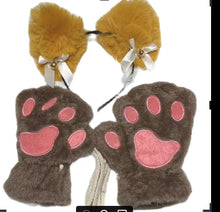 Load image into Gallery viewer, 5Pcs Sets Cat Paw Gloves Winter Cute Cartoon Girl Open Finger Gloves Bell Headband Fox Cat Ear Headwear