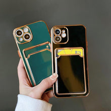 Load image into Gallery viewer, Luxury Plating Silicone Card Slot Holder Case For iPhone 14 12 13 Pro Max Elegant Women Soft Wallet Shockproof Cover Soft Bumper Beautiful Shiny Color Smartphone Case For Women