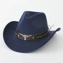 Load image into Gallery viewer, Western cowboy hat with bullhead rivets, curved brim, windproof rope, and felt for outdoor riding and jazz hats