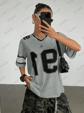 Load image into Gallery viewer, Summer New Black Speed 91 Print T-Shirt For Women V-Neck Patchwork Short Sleeve Sports Football Jersey Y2K Loose Oversized Tops