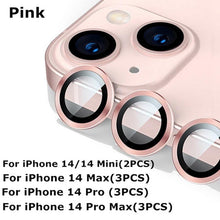 Load image into Gallery viewer, 9H Tempered Glass Camera Cover Screen Protector Metal Ring Decoration Accessories For iPhone 14 13 Pro Max Metal Camera Lens Ring Glass Camera Lens Protectors for iPhone 14 13mini 13pro 14plus 14pro Camera Film