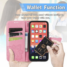Load image into Gallery viewer, Luxury Pink Butterfly Flower Wallet Flip Case For iPhone 14 Pro Max 13 12 Classic Simple Leather Wallet Case with Card Holder Kickstand Wrist Strap Flip Cover for iPhone
