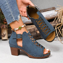 Load image into Gallery viewer, Women's Peep-Toe Block Heel Sandals | Single Strap Buckle Suede Heels in Denim Blue | EU 36–42