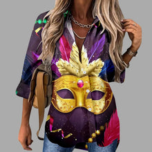 Load image into Gallery viewer, 🎭 Mardi Gras Women's V-Neck Long Sleeve Carnival Print Shirt