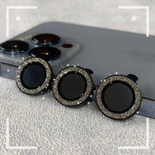 Load image into Gallery viewer, Camera Lense Protection Glass Large Glitter Stone Camera Protector For iPhone 13 Mini 14 Pro Max luxury Glitter Diamand Camera Lens Protectors Camera Metal Ring Glass For iPhone 11 Protective Cap