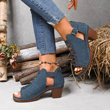 Load image into Gallery viewer, Women's Peep-Toe Block Heel Sandals | Single Strap Buckle Suede Heels in Denim Blue | EU 36–42