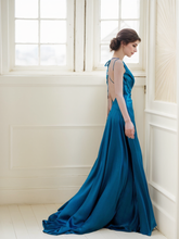 Load image into Gallery viewer, Ethereal Sapphire Blue Satin Backless Evening Gown with Thigh-High Slit