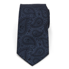 Load image into Gallery viewer, Star Wars Mandalorian and Grogu Navy Paisley Tie, Grogu Tie Bar, and Lapel Pin Gift Set