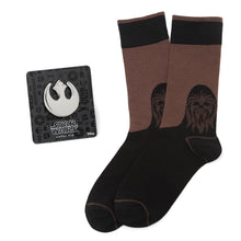 Load image into Gallery viewer, Star Wars Chewbacca Brown and Black Dress Socks and Rebel Alliance Starbird Crest Lapel Pin Gift Set