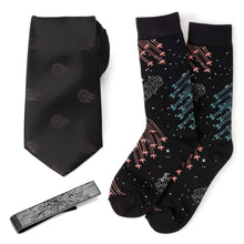 Load image into Gallery viewer, Star Wars Millennium Falcon Black Tie, X-Wing and Tie Fighter Battle Dress Socks, and Hyperspace Glow-in-the-Dark Tie Bar Gift Set