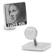 Load image into Gallery viewer, Star Wars Princess Leia and Han Solo "I Love You / I Know" Cufflinks with Hidden Message Tie Bar Gift Set