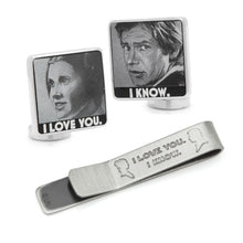 Load image into Gallery viewer, Star Wars Princess Leia and Han Solo "I Love You / I Know" Cufflinks with Hidden Message Tie Bar Gift Set